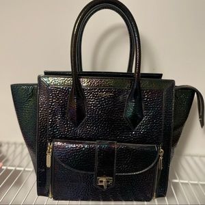 HENRI BENDEL LARGE RIVINGTON PETROL LEATHER SATCHEL HOLOGRAM BAG PURSE HANDBAG
